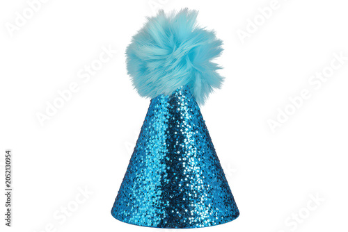 A shiny blue glitter party hat topped with a fluffy pompom, isolated against a solid black background, for a festive, and celebratory look