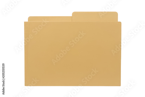 A single empty manila paper folder with a tab, isolated on a black background, used for organizing documents, files, and office paperwork