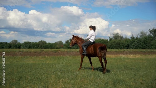 Woman riding a brown horse in a grassy field.