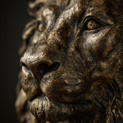 Low-angle bronze lion head macro with verdigris patina. Cinematic lighting highlights textures against a dark gradient background with copy space, ideal for cultural branding and tourism posters.