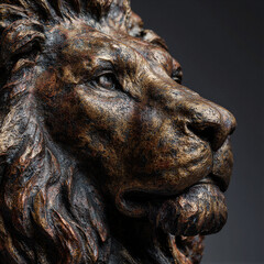 Low-angle bronze lion head macro with verdigris patina. Cinematic lighting highlights textures against a dark gradient background with copy space, ideal for cultural branding and tourism posters.