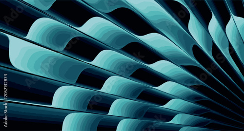 Abstract dark background with turquoise and blue curved lines.
