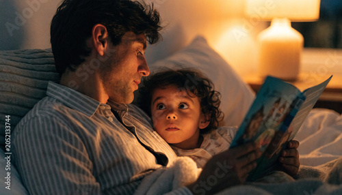 Father and child reading a book together at bedtime.