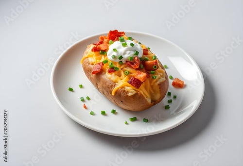 A loaded baked potato topped with cheese, sour cream, and chives on a white plate indoors.