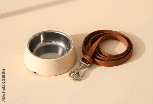 A dog bowl and brown leather leash lie on a beige surface indoors.