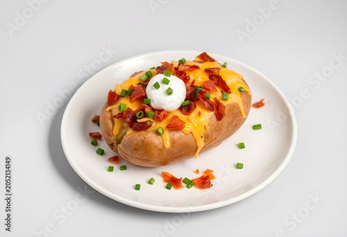 A loaded baked potato with cheese, sour cream, bacon bits, and chives on a white plate.