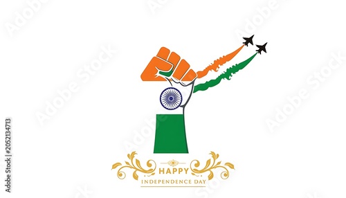 Indian Independence Day vector illustration with raised tricolor fist, fighter jets, and golden ornaments isolated on white background.