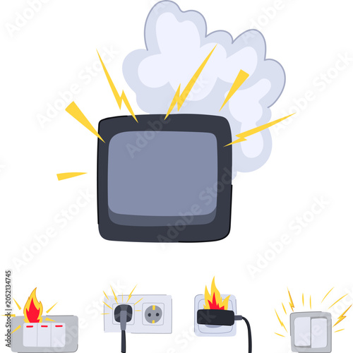 Foto Various electrical components experiencing safety issues including an appliance