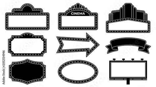 Collection of vintage marquee signs and retro banners, cinema marquees, ornate frames, road signs, and advertising billboards in black and white