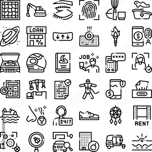 Diverse set of clean outline vector icons representing finance, security, health, technology, science, work, travel and everyday life for web, app and ui design