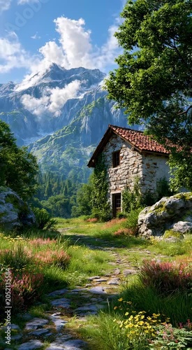 Rustic stone cottage on alpine mountain path
