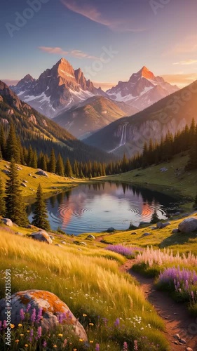 Cinematic alpine lake landscape with sunset mountains and wildflowers