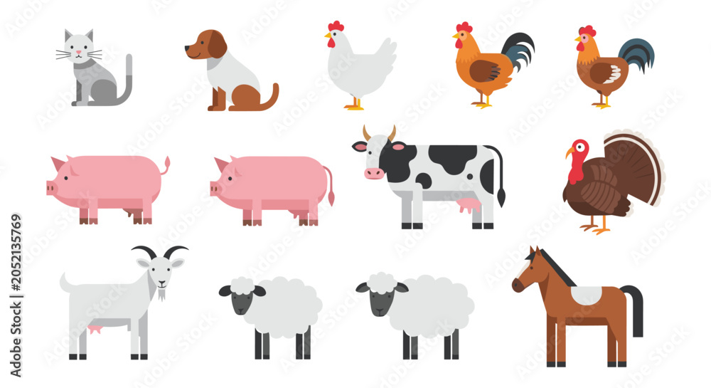 Obraz premium Diverse collection of domestic farm animals including a cat, dog, chicken, pig, cow, turkey, goat, sheep, and horse on a plain background.