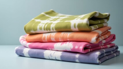 Stack of folded colorful tie-dye fabrics on neutral background minimal style