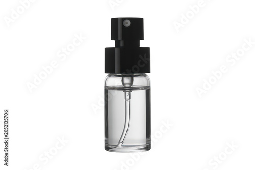 Small clear glass spray bottle with a black nozzle cap, filled with liquid, isolated on a black background, cosmetic or cleaning container