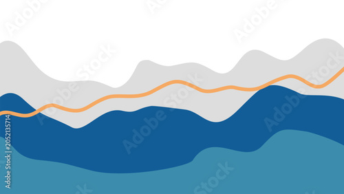 Abstract wave background with minimalist blue, navy and grey fluid shapes. Modern liquid flowing banner with orange accent line for corporate presentation slide backdrop.

