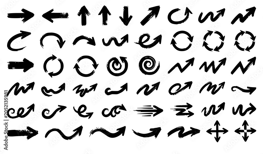 Obraz premium Dry Brush Arrow Set Monochrome Painted Directional Symbols Vector Illustration