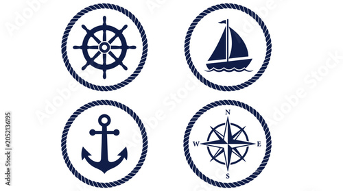 Nautical vector illustration set featuring blue marine symbols encased in detailed circular braided rope frames