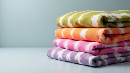 Stack of colorful tie-dye fabric pieces folded neatly on plain background