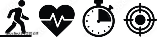 Foto Fitness and health tracking icons set, minimalist black workout symbols on white