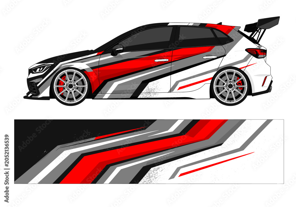 Obraz premium Red and black racing livery design for white hatchback.