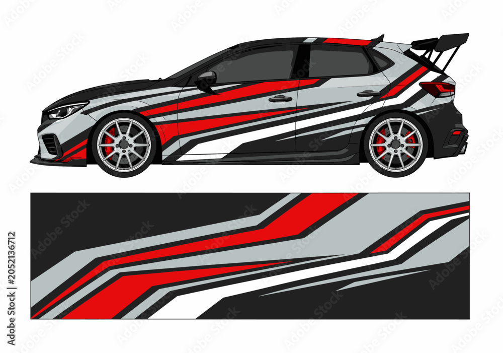 Obraz premium Red and grey layered geometric car wrap decal.