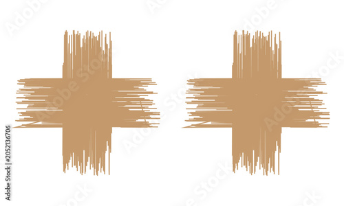 Pair of Grunge Brush Crosses — Abstract Beige Plus Signs With Rough Brush Stroke Texture