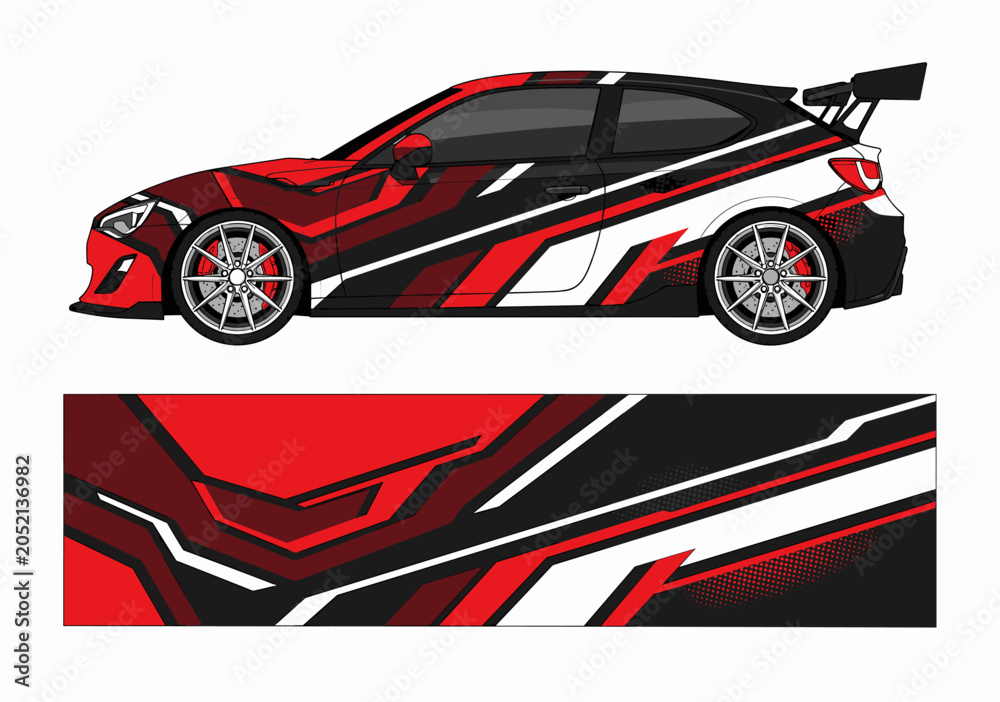 Obraz premium Red hatchback with aggressive black and white livery design.