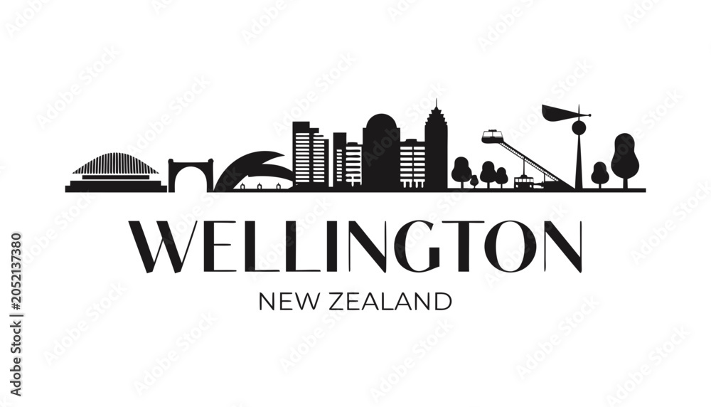Fototapeta premium Vector illustration of Wellington skyline in black silhouette, with “WELLINGTON” text, on white background, modern city identity and tourism design