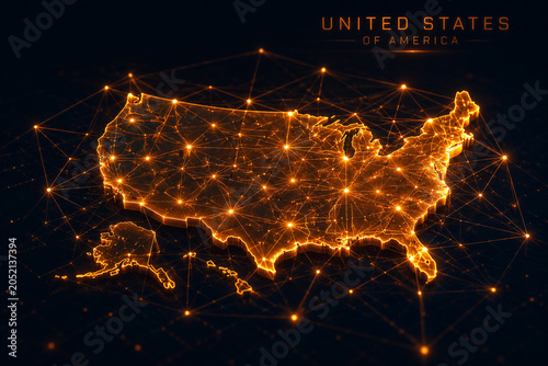 AI generated futuristic United States map glowing network connections data nodes symbolizing connectivity communication infrastructure technology digital transformation