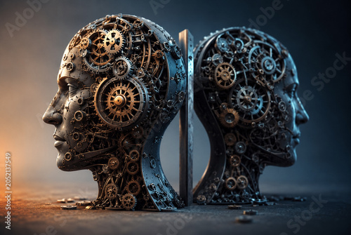 AI generated steampunk mechanical human heads intricate gears facing opposite directions symbolizing duality cognition innovation intelligence technology connected thinking