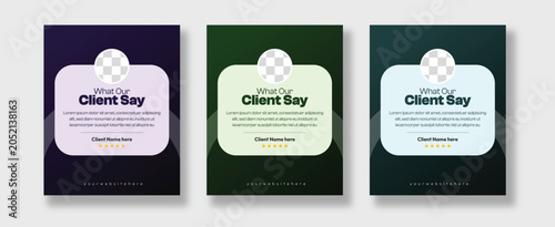 Client testimonial social media post template collection with customer review card, feedback section and five star rating.