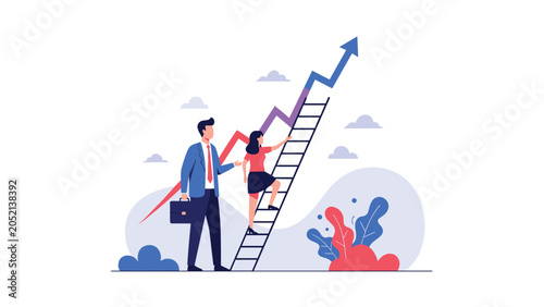 Successful business woman climbing a ladder toward an upward arrow while a colleague watches her professional career development journey.