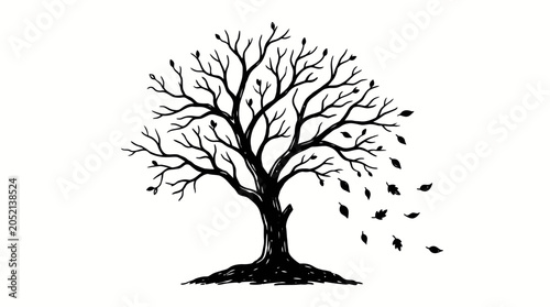 Fotografía Silhouette of a bare tree losing leaves against a white background