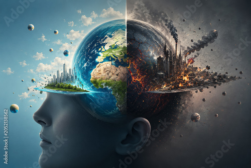 AI generated surreal human profile containing Earth divided between sustainable prosperity environmental destruction symbolizing climate change global responsibility future choices