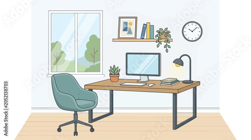Modern Home Office Workspace Illustration for Remote Work & Online Business Setup. Minimalist Desk, Computer, & Ergonomic Chair