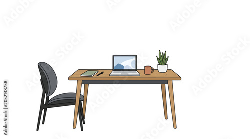 Modern Home Office Workspace Illustration for Remote Work & Productivity. Clean Desk with Laptop, Chair, and Plant for Business Use