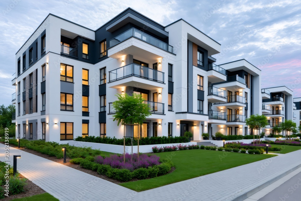 Fototapeta premium Modern residential building with illuminated windows at dusk