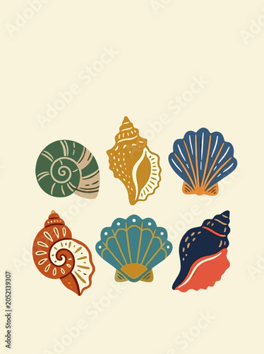 Colorful Seashell Collection Coastal Folk Art Illustration