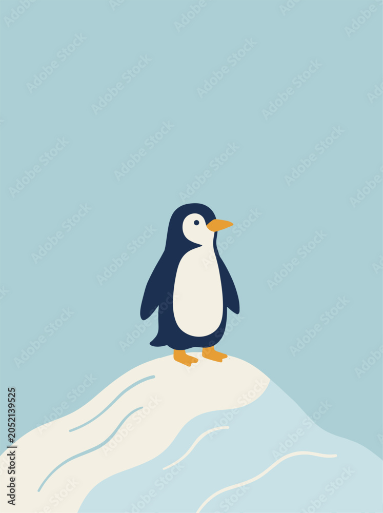 Fototapeta premium Cute Penguin Standing on Snowy Hill Minimal Winter Illustration