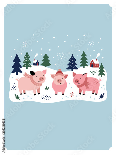 Cute Pigs in Winter Village Scene Whimsical Farm Illustration