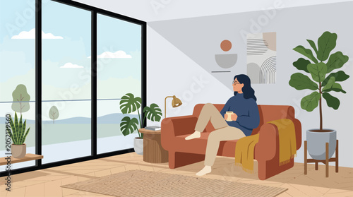 Modern Living Room Interior Design with Woman Relaxing, Panoramic Window View, and Minimalist Decor for Home & Real Estate Concepts