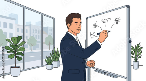 Businessman presenting marketing strategy on whiteboard in modern office. Professional male executive explaining business plan and ideas