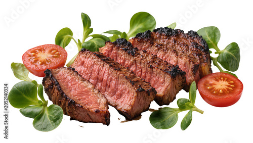 Foto Sliced grilled steak with fresh tomatoes and green leaves