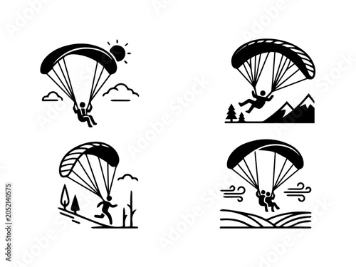 Bild auf Leinwand Paragliding extreme sports set of silhouette icons with hang gliding paragliding