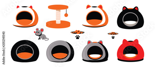 Quadro em tela Cat bed house and scratching post vector set with cave beds toy mice food bowls