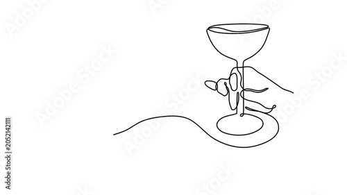 Hand holds wine clinking glass one line animation art,continuous drawing contour motion.Cheers toast festive video hand drawn decoration for holidays outline,romantic Valentine's Day design.4k self-dr