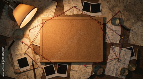 Blank corkboard surrounded by detective investigation notes and maps