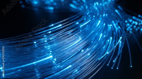 Glowing blue fiber optic cables for high speed data transmission