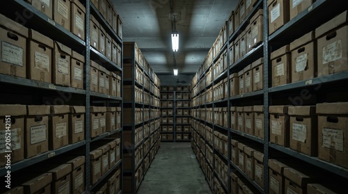 Cardboard archive boxes on metal shelves in a dark storage room